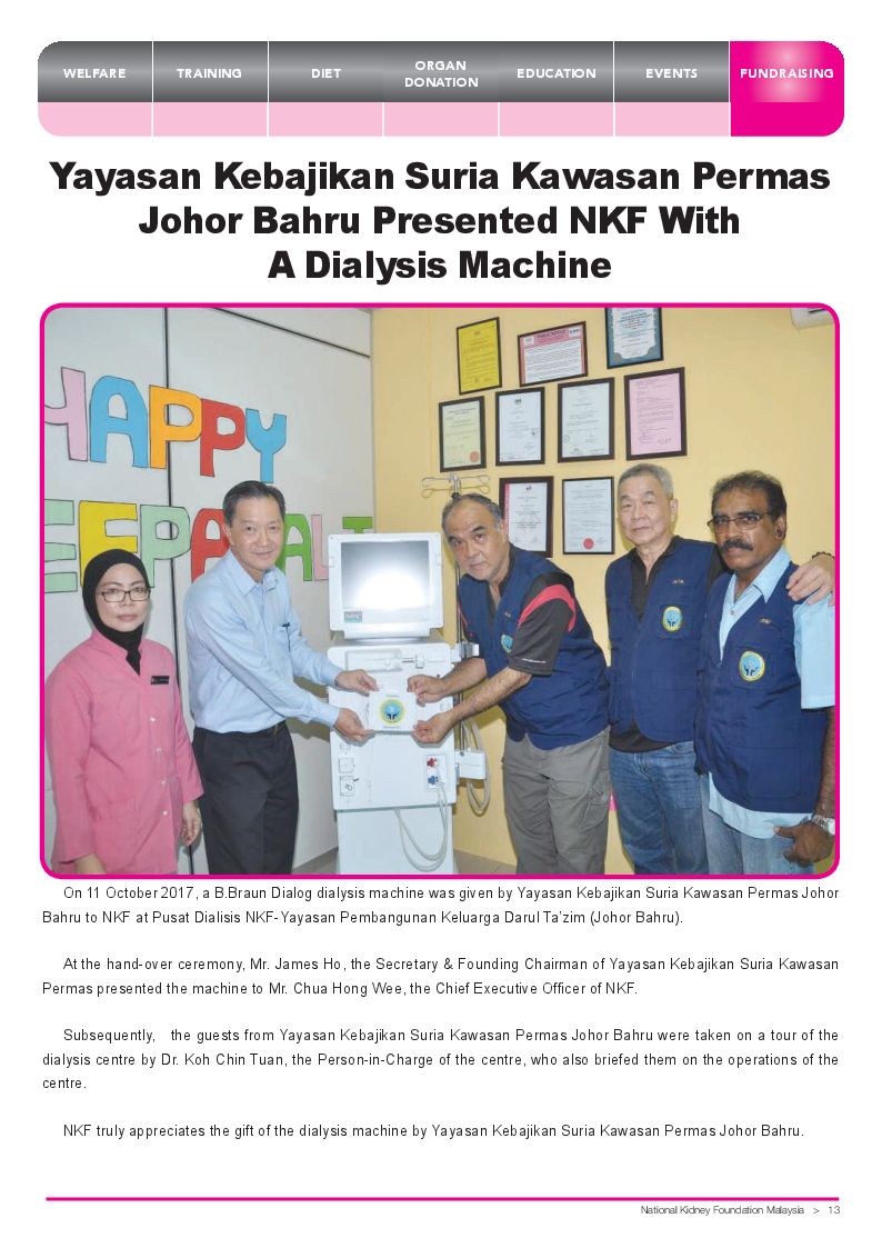 YSJB donate dialysis machine to NKF JB